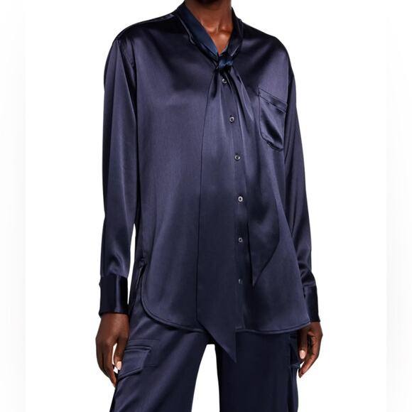 Sies Marjan Satin Tie Neck Blouse Navy size XS Button Front Curtail Soft - Picture 1 of 15